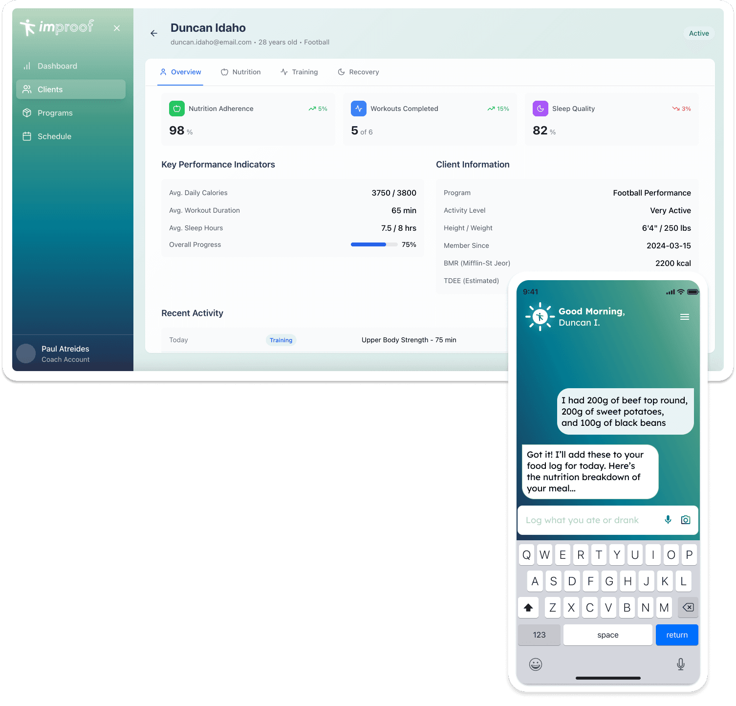 improof coach dashboard and athlete mobile app