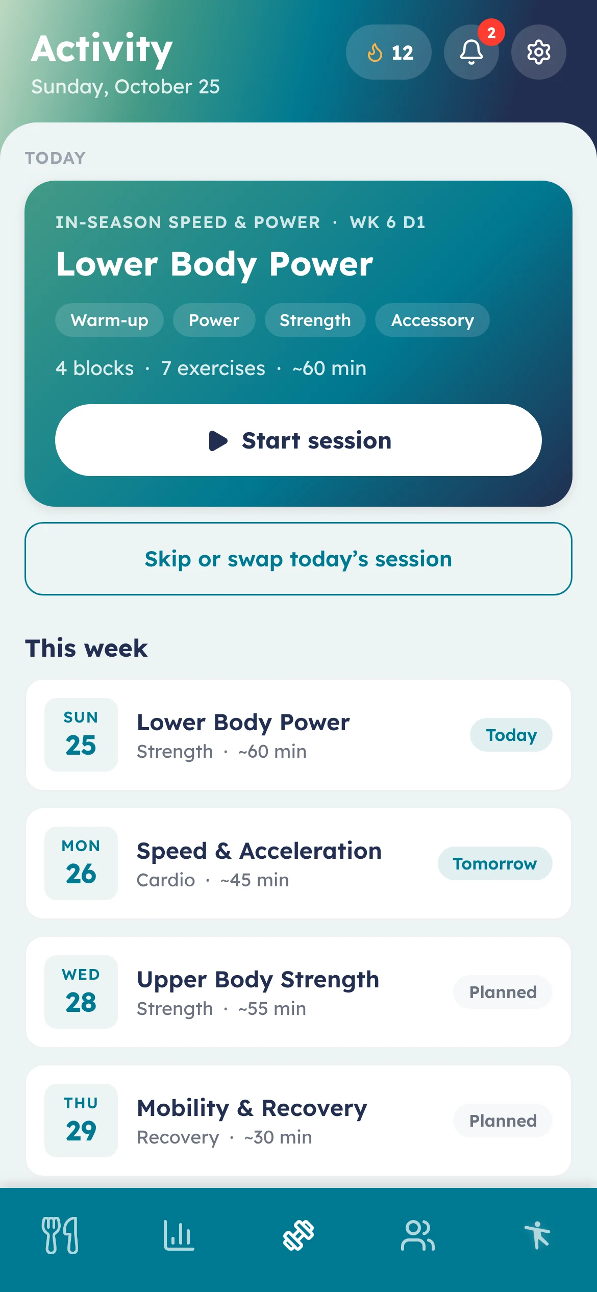 improof athlete app showing today’s Lower Body Power session from the coach