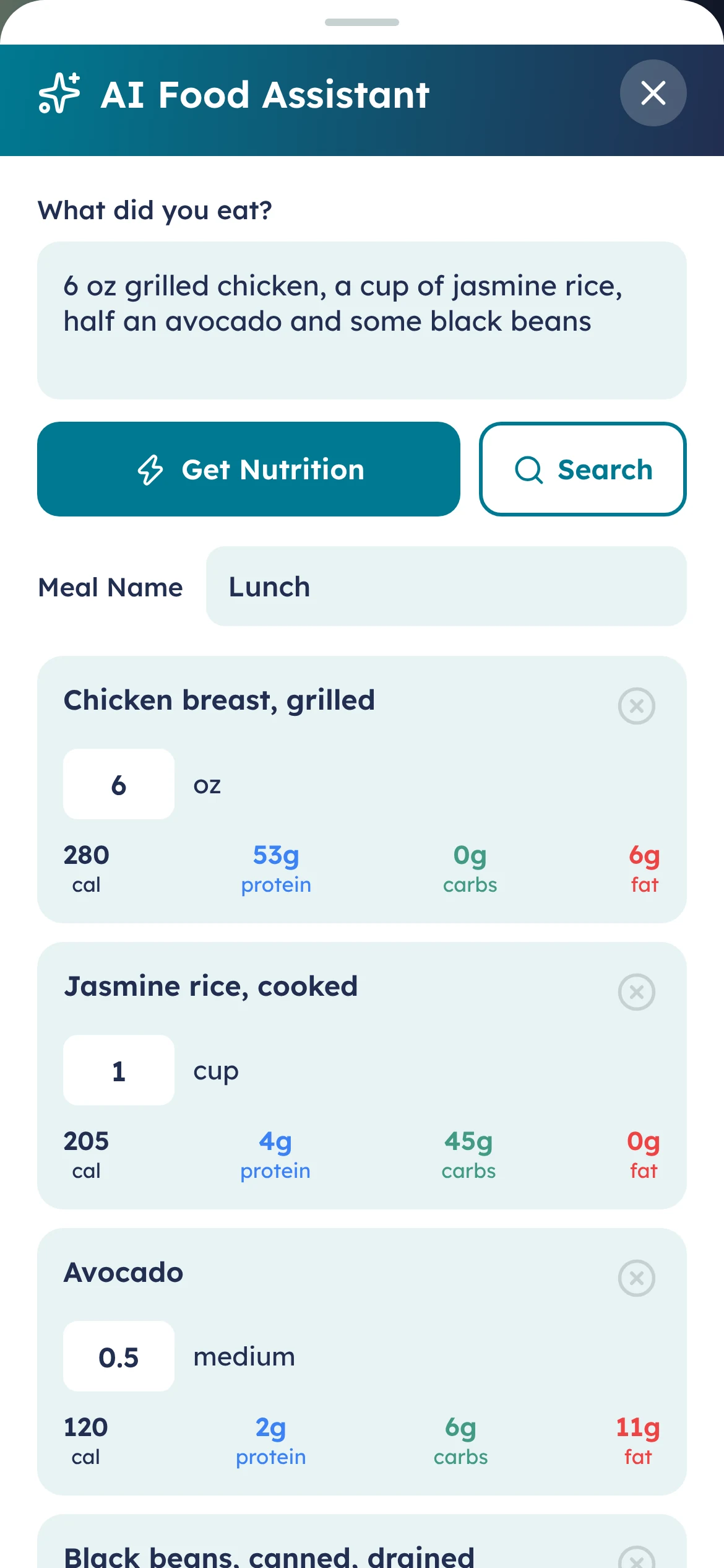 improof AI Food Assistant turning a typed meal into chicken, rice, avocado and black beans with macros
