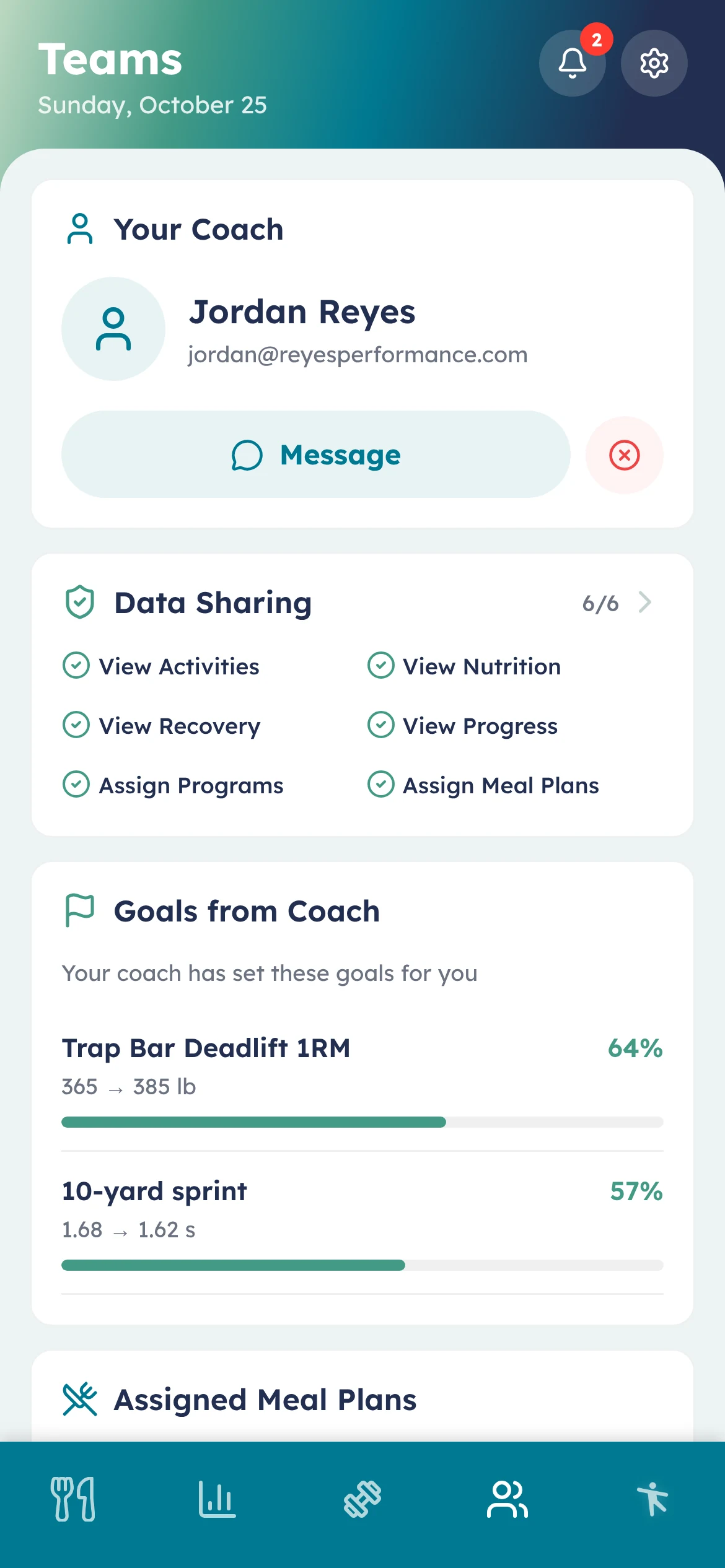 improof app Teams tab with the athlete’s coach, data sharing settings, coach goals and meal plan