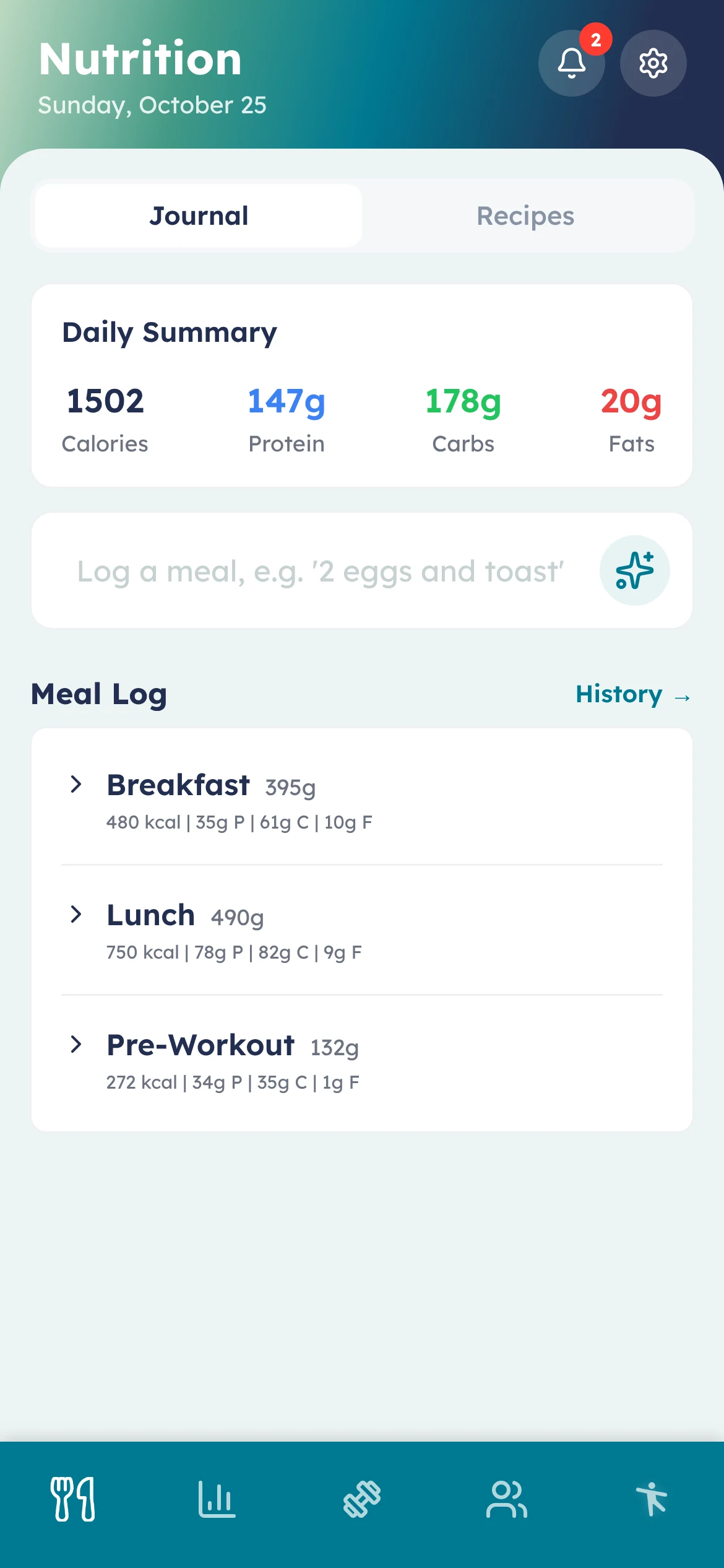 improof app Nutrition journal with daily calories and macros and the day’s meals