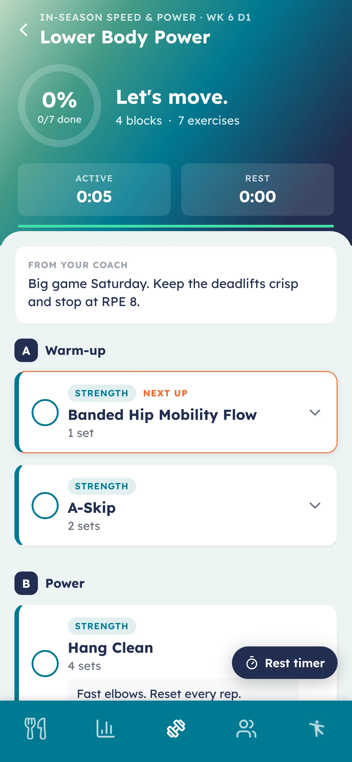 improof app workout in progress with a note from the coach and exercise blocks