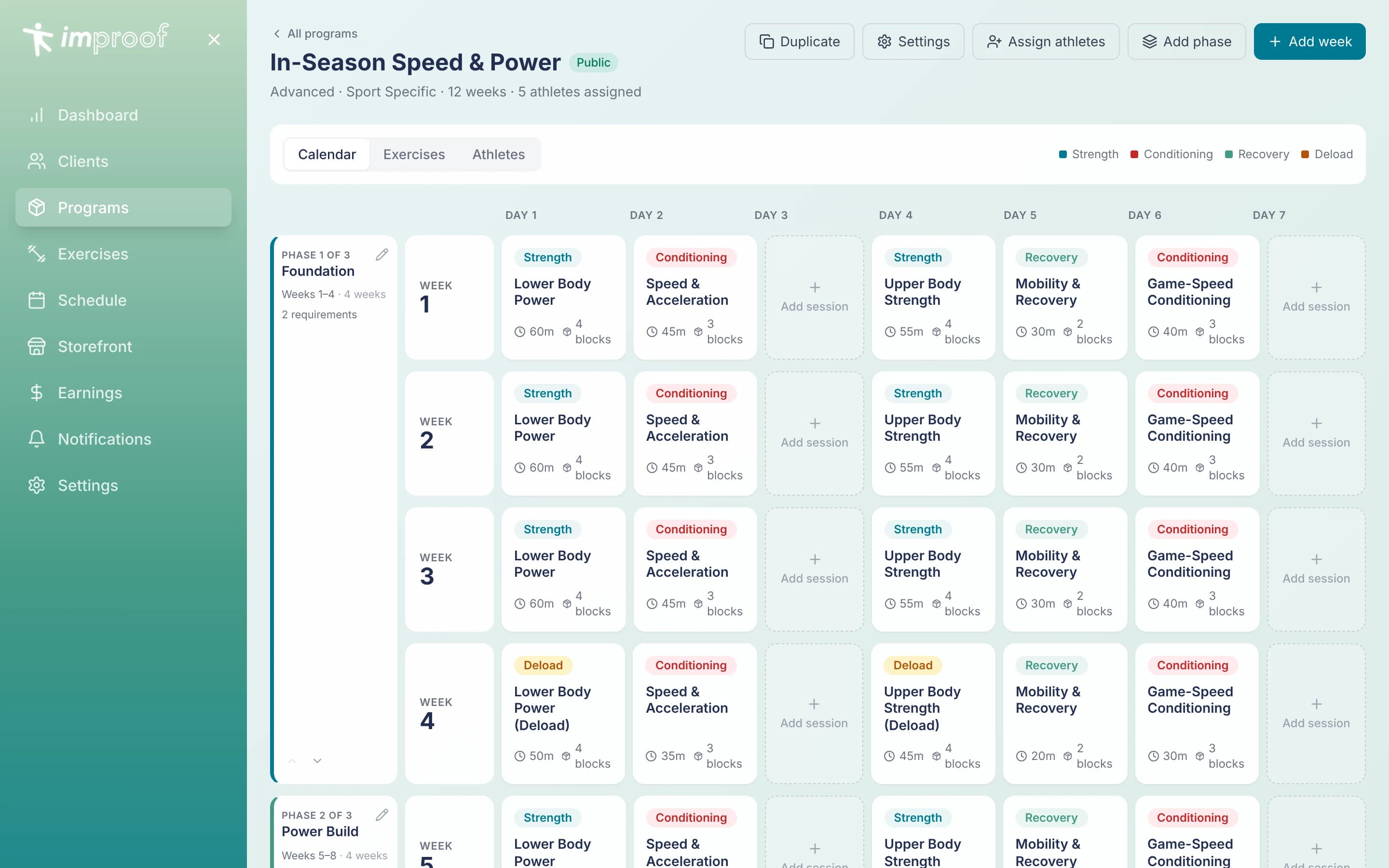 improof program builder showing a 12-week In-Season Speed & Power program split into Foundation, Power Build and Peak phases