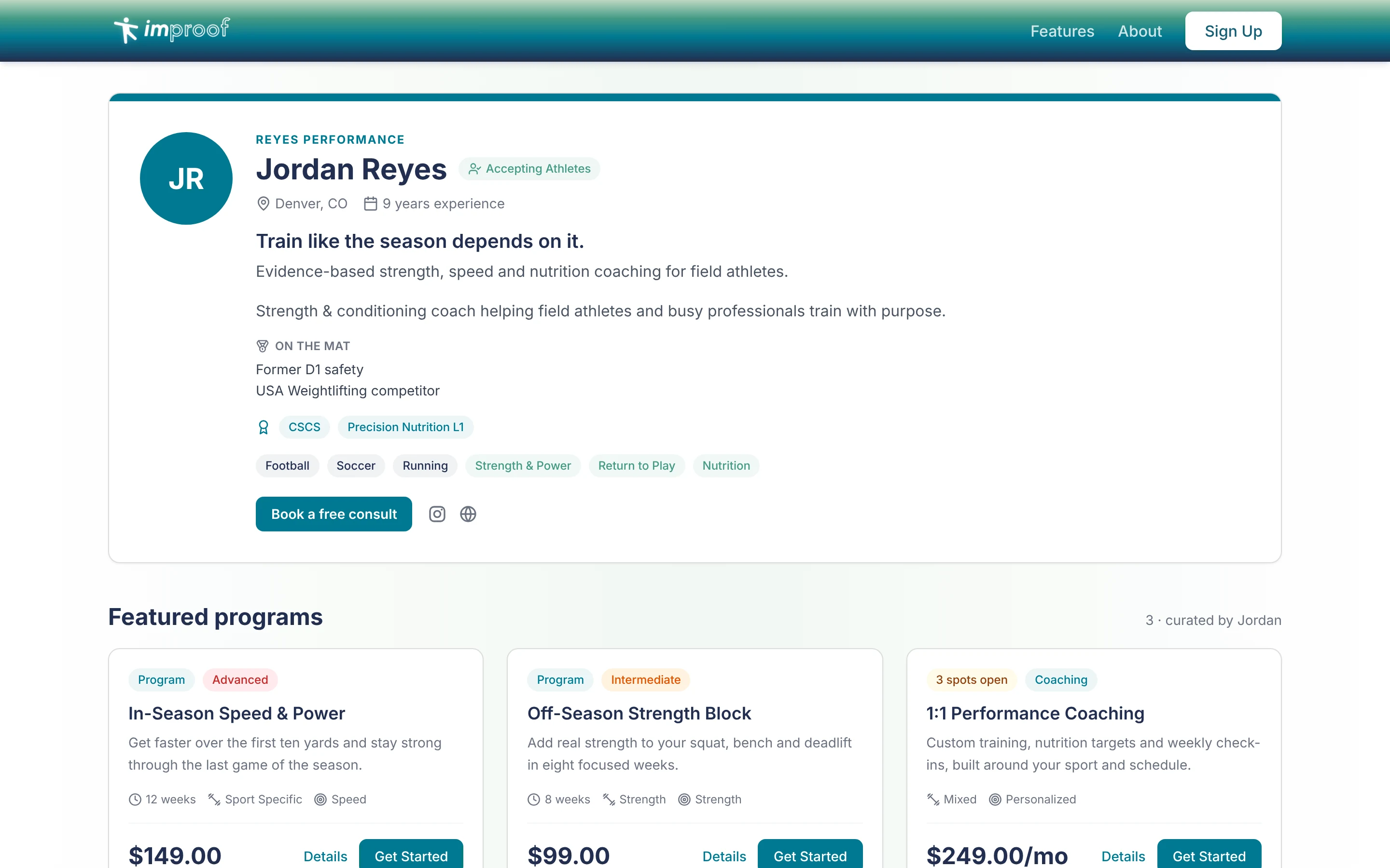 improof coach storefront page for Reyes Performance with featured programs and prices